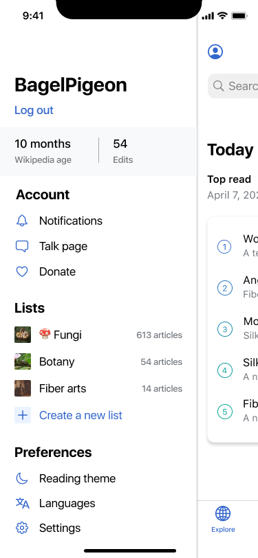 Wikipedia for iOS app: off-canvas menu.